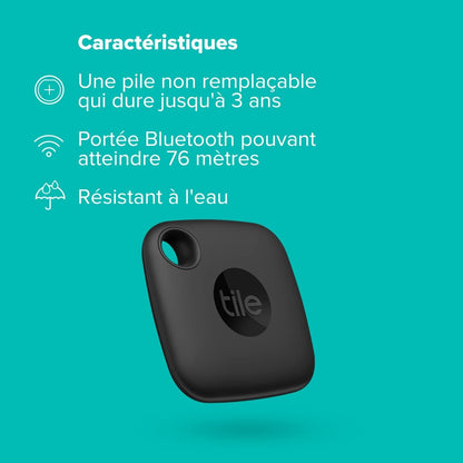 Tile Mate (2022) Localisateur d’article Bluetooth, Portée de 60 m, fonctionne avec Alexa et Google Home, Compatible avec iOS et Android, Noir