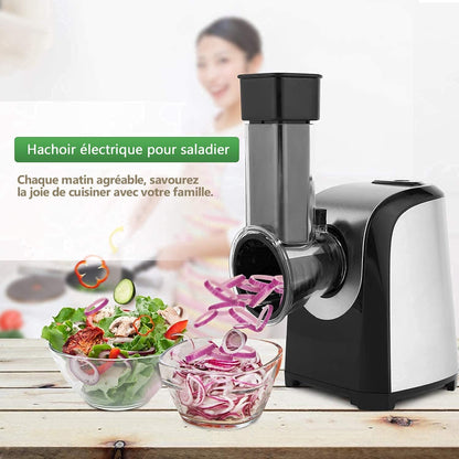 Meykey Coupe-légumes électrique, Hachoir multifonctionnel Râpe 150W avec 5 cônes en acier inoxydable, Argent