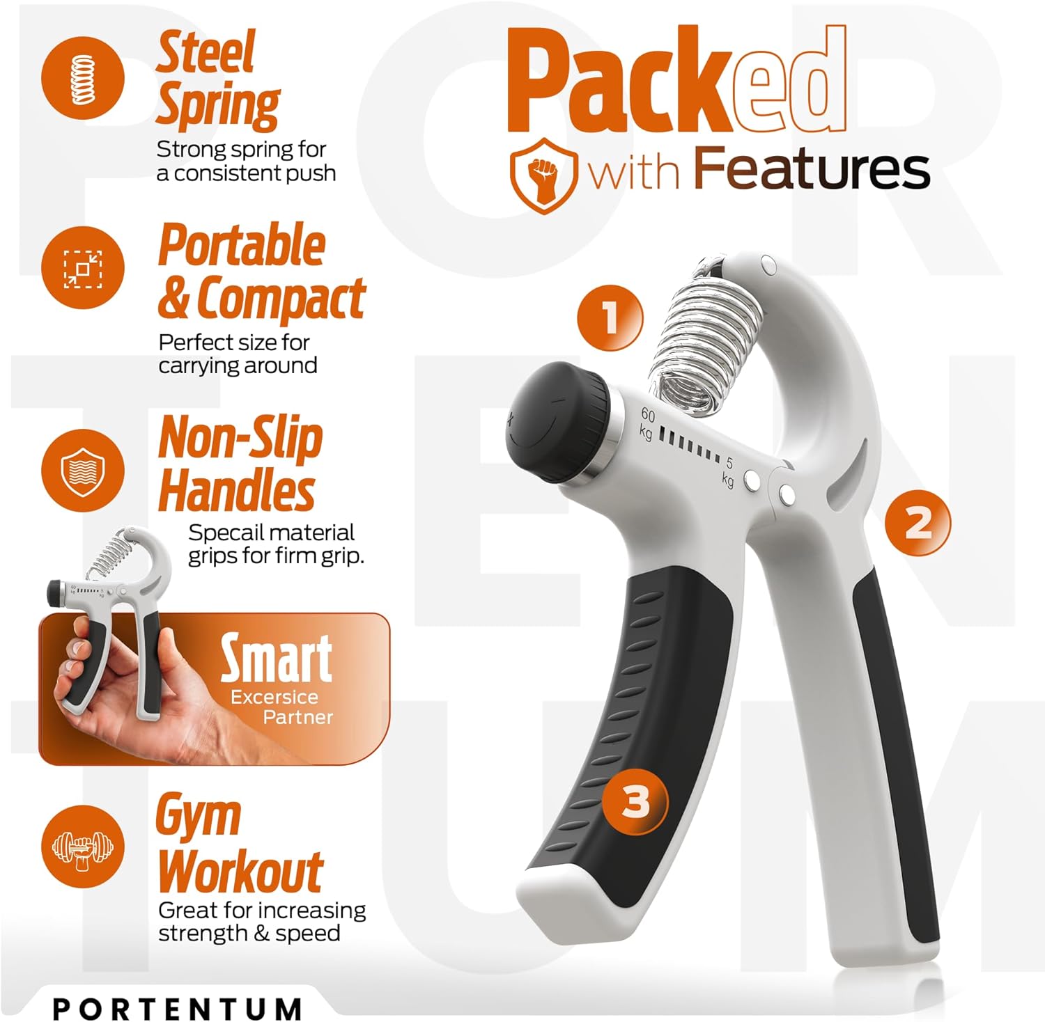 PORTENTUM Hand Grip Strengthener, Appareil de Renforcement du Grip avec Résistance Réglable 5-60kg, Poignee Musculation Avant Bras Main Poignet pour la Rééducation et le Renforcement Musculaire