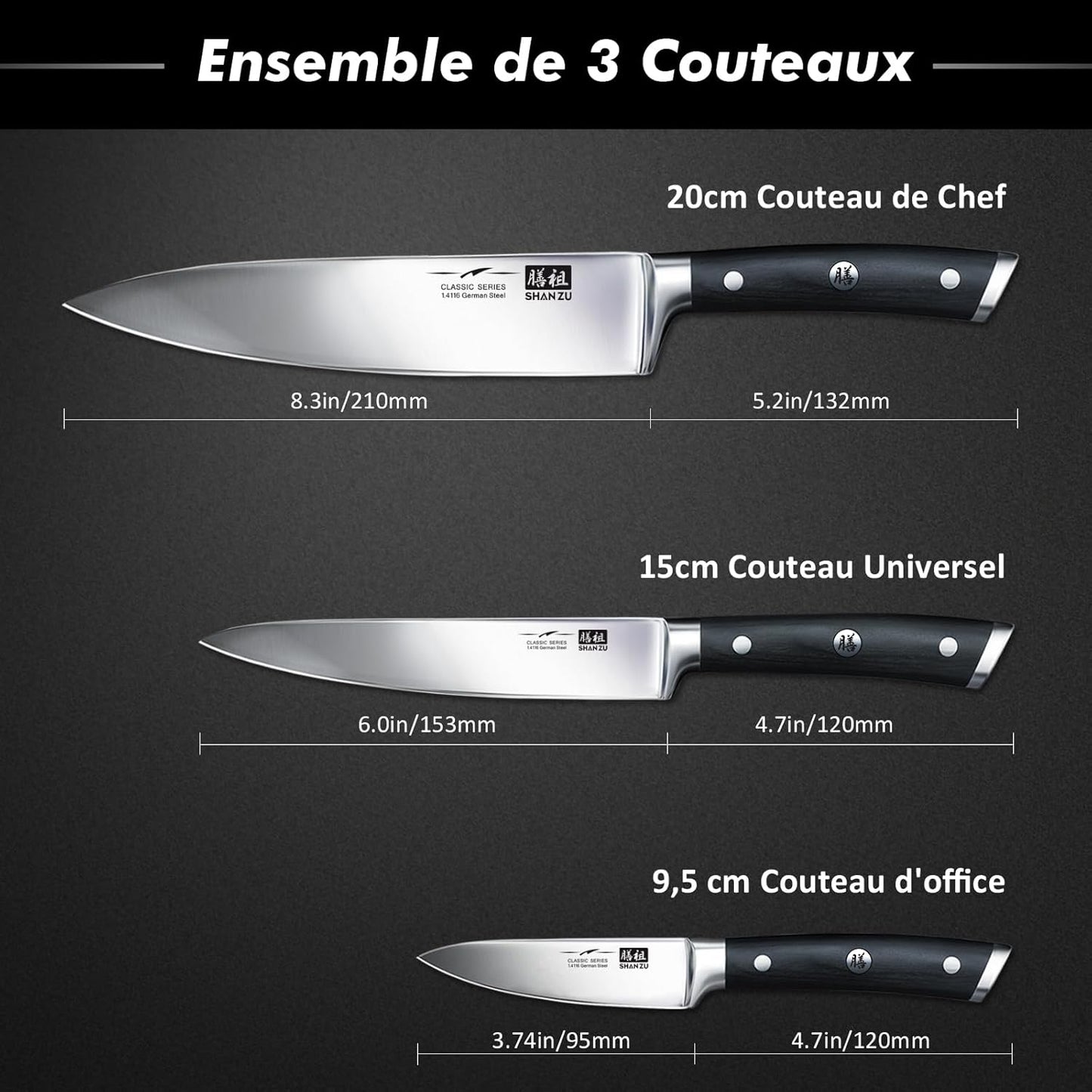 SHAN ZU Set Couteau Cuisine Ensemble de 3 Couteaux de Chef en Acier Inoxydable Allemand, Comprenant Couteau de Chef, Couteau Universel, Couteau d'Office, Couteau à Légumes et à Fruits, Manche en Bois