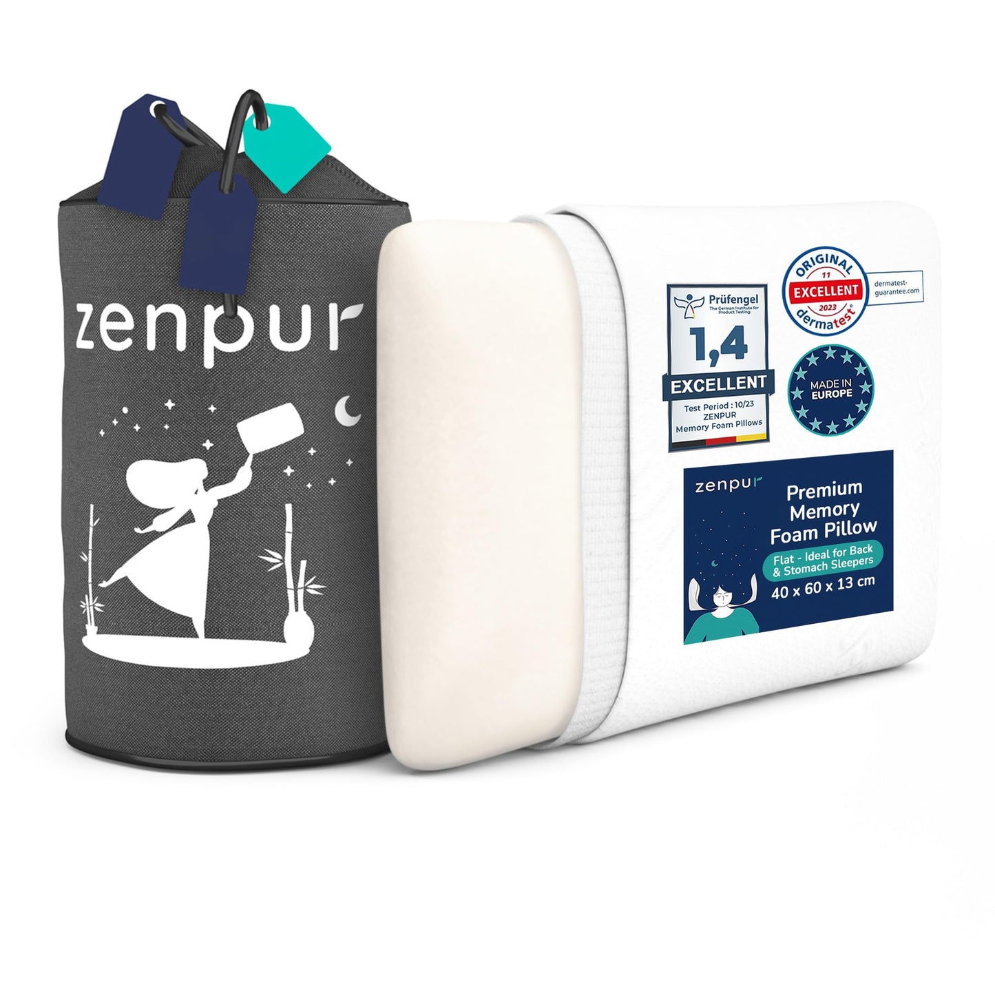 ZenPur Oreiller Cervical Mémoire de Forme 40x60 - Coussin Ergonomique Anti-Douleurs Cervicales - Mi-Ferme, Housse Bambou Premium, Certifié Oeko-TEX