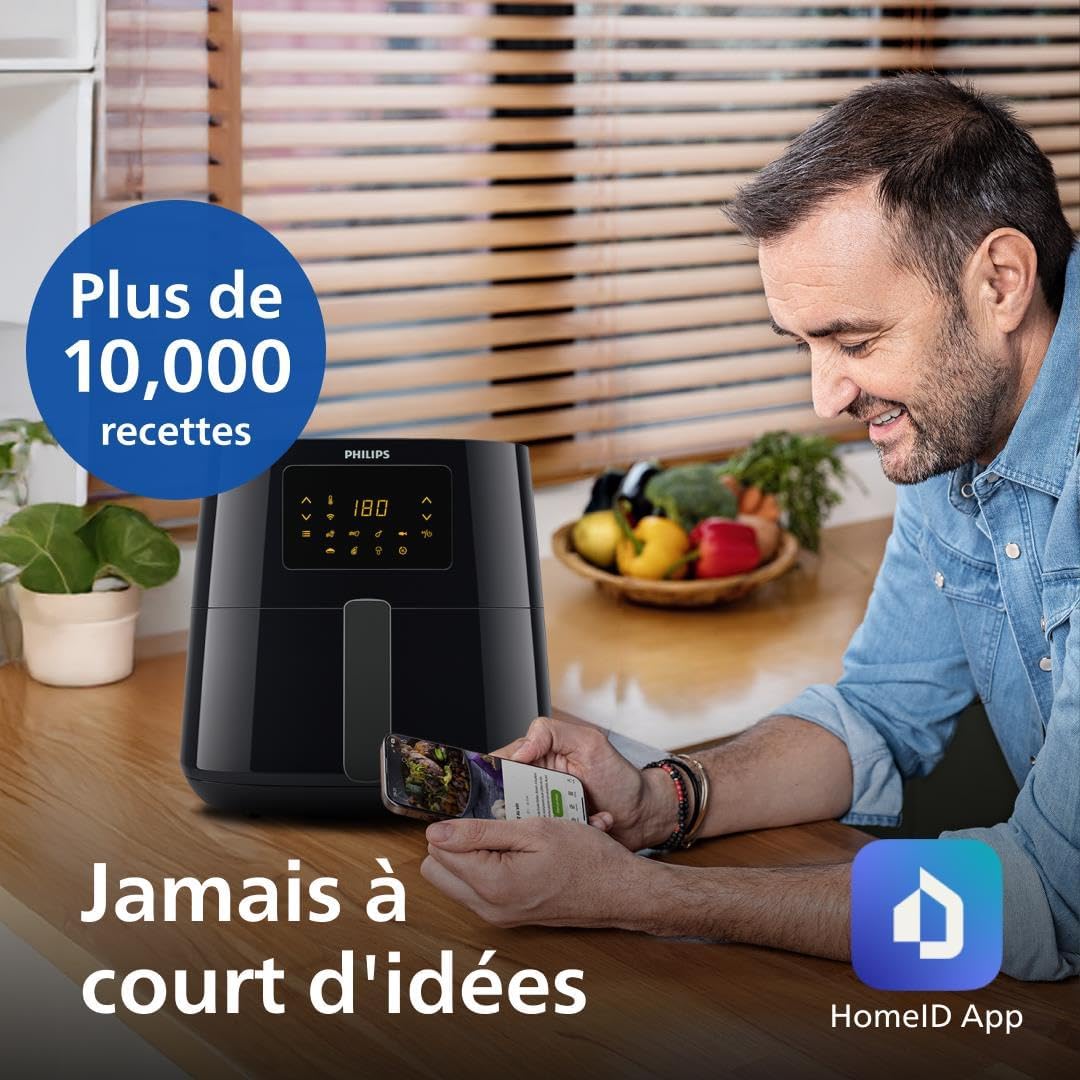 Philips 3000 Series Airfryer XL - Technologie Rapid Air, jusqu'à 90% de matières grasses en moins, capacité de 1,2 kg, format de 6,2 l, écran tactile, noir (HD9270/90)