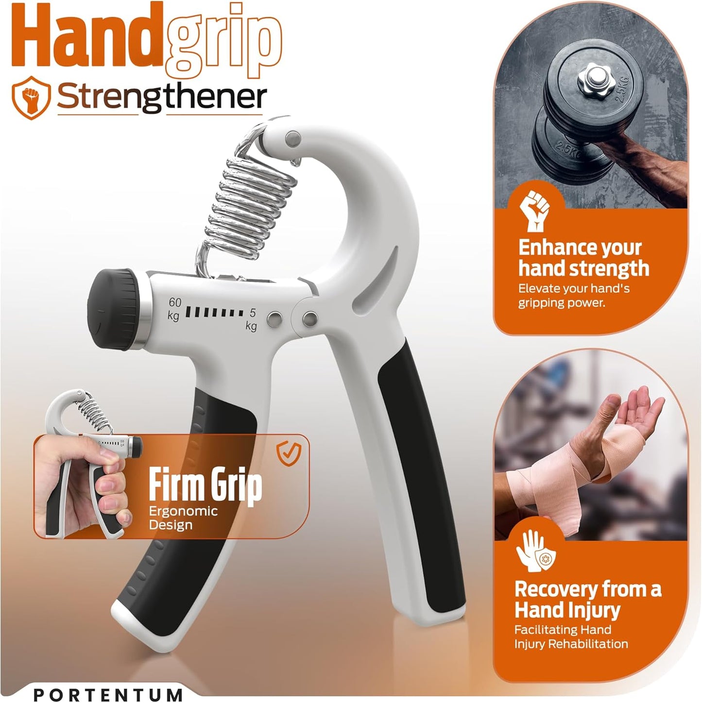 PORTENTUM Hand Grip Strengthener, Appareil de Renforcement du Grip avec Résistance Réglable 5-60kg, Poignee Musculation Avant Bras Main Poignet pour la Rééducation et le Renforcement Musculaire