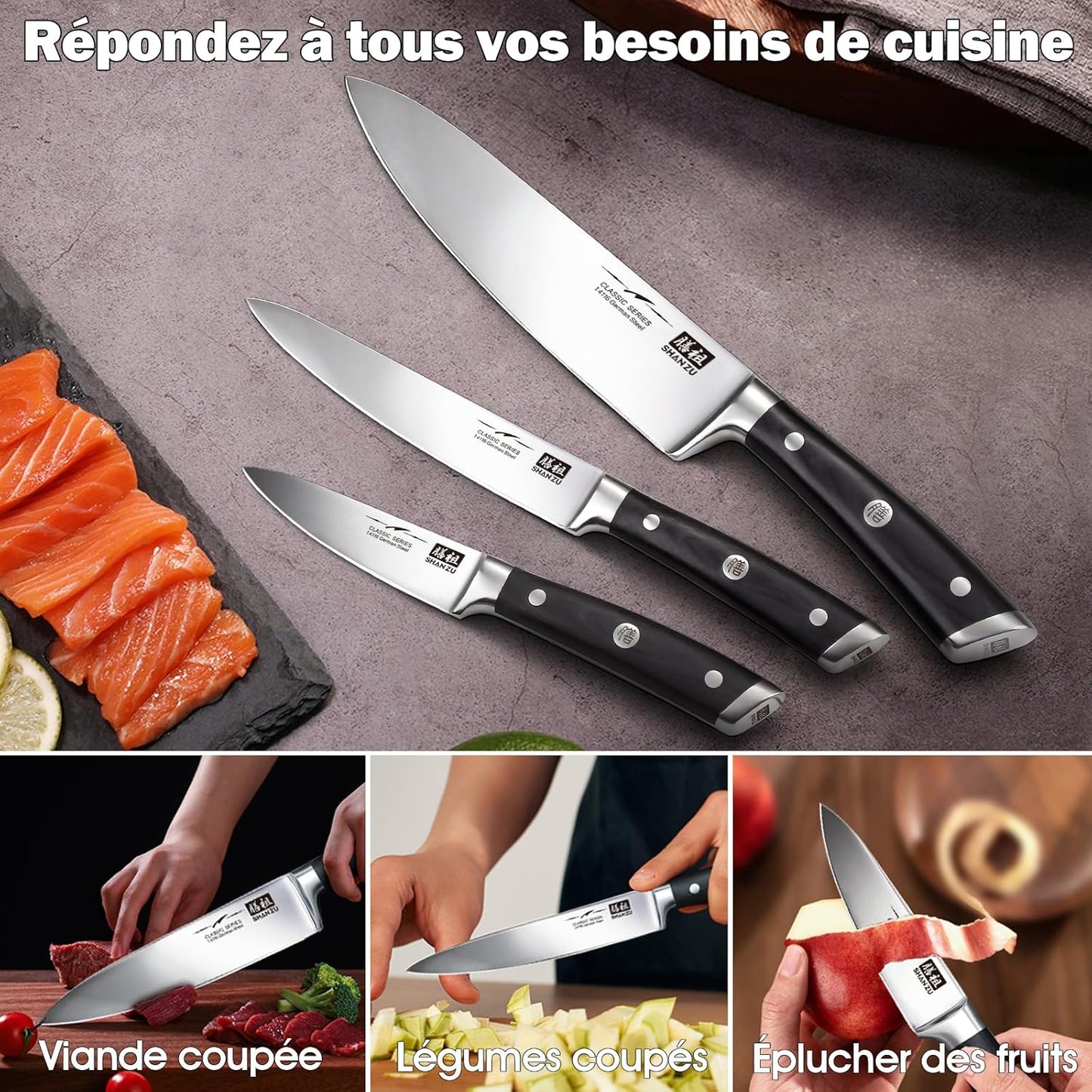 SHAN ZU Set Couteau Cuisine Ensemble de 3 Couteaux de Chef en Acier Inoxydable Allemand, Comprenant Couteau de Chef, Couteau Universel, Couteau d'Office, Couteau à Légumes et à Fruits, Manche en Bois