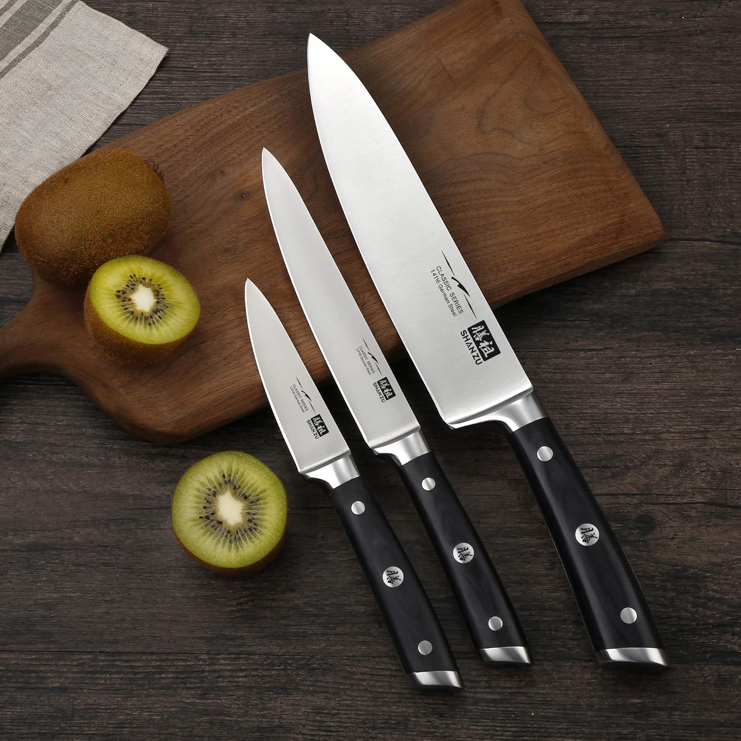 SHAN ZU Set Couteau Cuisine Ensemble de 3 Couteaux de Chef en Acier Inoxydable Allemand, Comprenant Couteau de Chef, Couteau Universel, Couteau d'Office, Couteau à Légumes et à Fruits, Manche en Bois